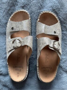 Finn Comfort Metallic Silver Double-Strap Slide Sandals